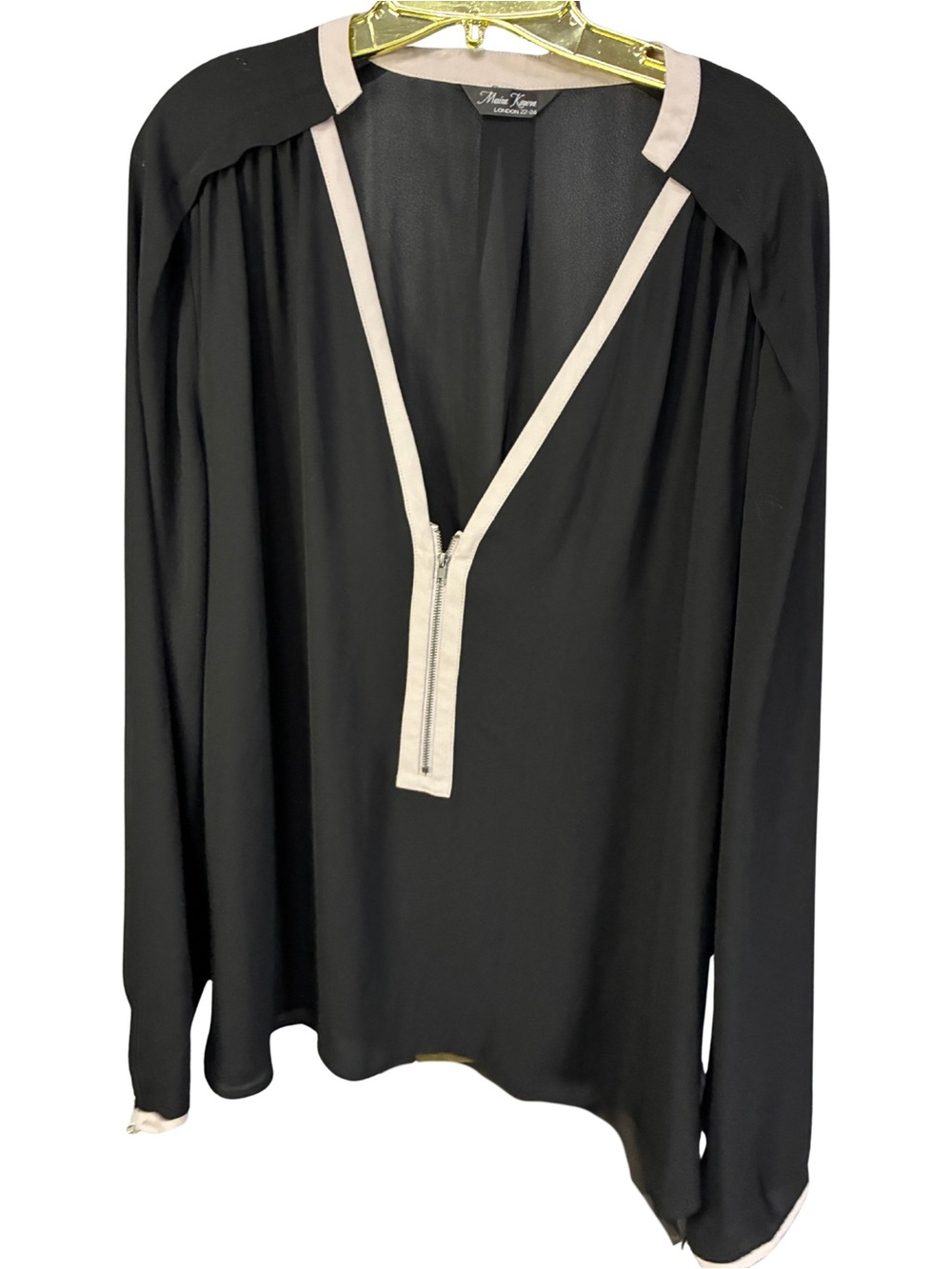 Valerie Stevens Black Blouse with Cream Trim and V-Zip